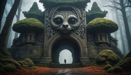 Ancient Oremus architecture, grandiose stone structure, intricate carvings, majestic entrance, Hutteball, fantasy creature, mythical being, large eyes, fur texture, fluffy ears, whiskers, soft lightin