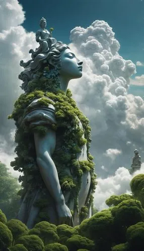 mother earth statue,mother earth,cloud mushroom,dryad,mushroom landscape,mother nature,Conceptual Art,Fantasy,Fantasy 11