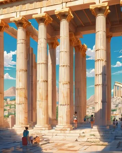 erechtheion,acropolis,propylaea,greek temple,artemis temple,parthenon,panathenaic,doric columns,ephesus,the parthenon,erechtheus,laodicea,dougga,temple of hercules,herakleion,knossos,capitolium,athenian,celsus library,segesta,Illustration,Japanese style,Japanese Style 03