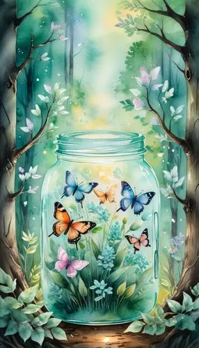 A jar filled with glowing flora and pastel butterflies that sits beside a tree in a forest,aquarium,fish tank,fishes,freshwater aquarium,aquarium decor,aquariums,fish in water,fish pond,aquarium inhab