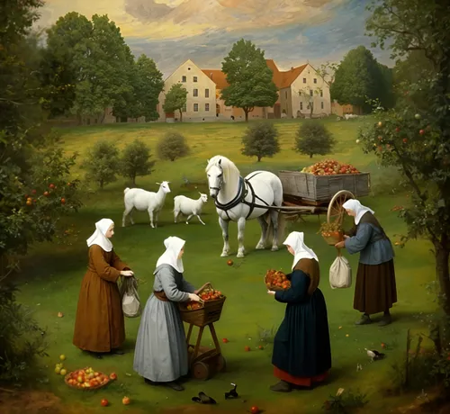 agricultural scene,pastoral,lipizzaners,church painting,mennonite,emmaus