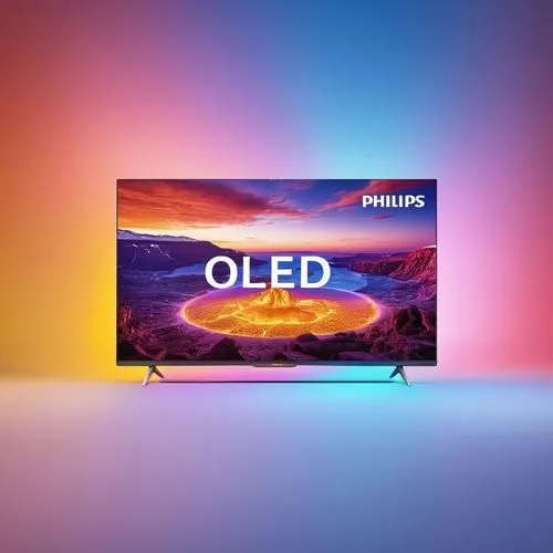 A photographic realistic of  PHILIPS TV WITH OLED EFFECT ON THE BACKGROUND,the television shows an image of a strange alien on it,oleds,oled,plasma tv,philips,meizu,hdtv,Photography,General,Realistic