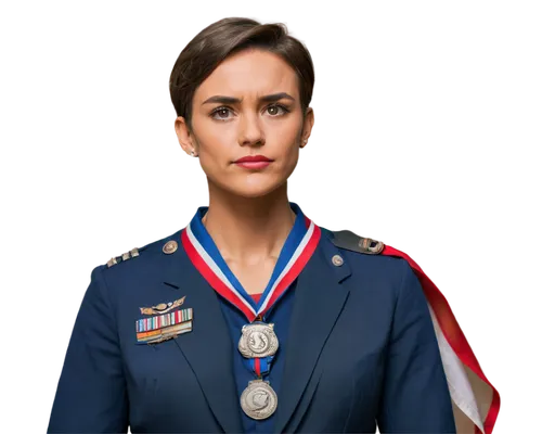 National hero, strong facial features, serious expression, short hair, formal wear, medals on chest, proud posture, hand on waist, standing, American flag in background, warm lighting, cinematic compo