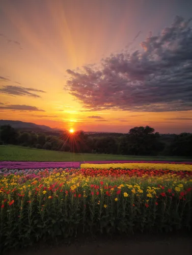  in the background of a sunset in a spectacular and colorful flower field,tulip field,flower field,tulip fields,tulips field,blanket of flowers,blooming field,flowers field,field of flowers,flower in 