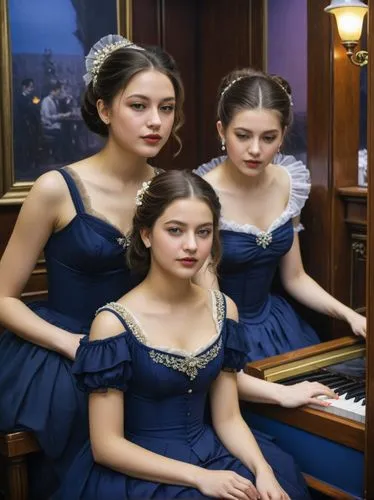 The two Legrand sisters in a Parisian piano bar. It should look as if a French Impressionist, as if Edgar Degas had painted the whole scene.,two beautiful women sitting by a piano in blue dresses,conc