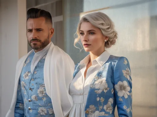 señor de saco azul camisa color blanco, señora vesdo floreado color blanco, cabello con copete canas,vintage man and woman,wedding couple,wedding icons,silver wedding,bridal clothing,kimonos,suit of t