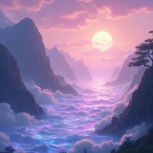 purple landscape,fantasy landscape,dreamscape,cartoon video game background,dusk background,the endless sea,Photography,General,Realistic