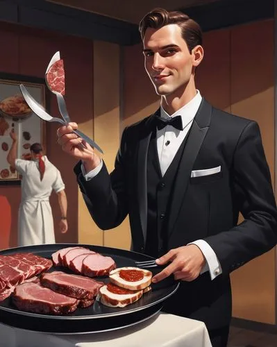 waiter,carnivory,prosciutto,steakhouses,butcher shop,steakhouse,annibal,butlers,meat kane,steaks,butchers,hannibal,mcquarrie,madmen,meats,tomasetti,sommelier,men chef,waiters,gentlemanly,Photography,General,Realistic