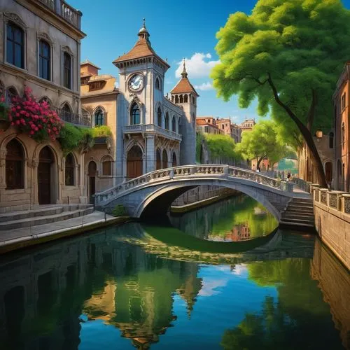 Wendella-inspired architecture, grandiose palace-like structure, intricate stone carvings, stained glass windows, majestic clock tower, ornate bridge connecting buildings, tranquil canal surrounding t