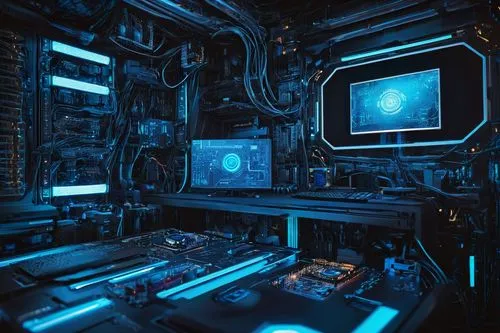 Digital circuit, futuristic laboratory, sleek desktop computer, complex motherboard, CPU, GPU, RAM, wires, circuits, microchips, LED lights, futuristic robotic arm, mechanical components, metallic sur