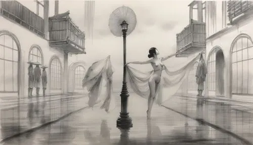 girl walking away,peignoir,isoline,woman walking,mourning swan,baskerville,street lantern,volou,gaslight,scythe,cantarella,pierrot,xxxholic,the carnival of venice,rainswept,walking in the rain,sylphide,havisham,nocturne,dreamfall,Illustration,Paper based,Paper Based 30