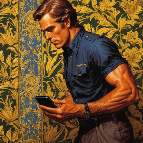 gardener,yellow wallpaper,man talking on the phone,vintage wallpaper,man with a computer,blue-collar worker,handyman,golfer,goldenrod,craftsman,robert harbeck,vintage art,steve rogers,polo shirt,a carpenter,italian painter,meticulous painting,farmer in the woods,ayrton senna,white-collar worker,Illustration,Retro,Retro 14