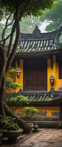 Traditional Vietnamese architecture, ancient temple, intricate carvings, ornate wooden doors, curved tiled roofs, vibrant ceramic tiles, lanterns hanging from eaves, lush greenery surrounding, mature 