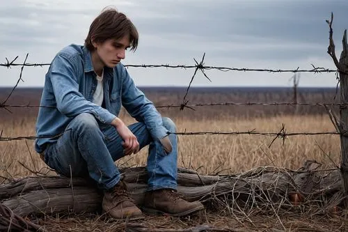 Broken barbed wire fence, abandoned rural landscape, overcast sky, dry withered trees, tangled weeds, rusty metal fragments, shattered dreams, lonely atmosphere, melancholic mood, solitary figure in d