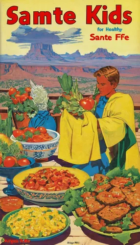 Recipes for Healthy Kids - Sante Fe,santa fe,kids fire brigade,old cooking books,cooking book cover,southwestern united states food,cd cover,recipe book,saladitos,granny smith apples,kids' meal,sauté 