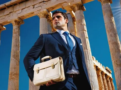 Ancient Greek temple, investment banker, formal wear, suit, tie, briefcase, serious facial expression, standing, Parthenon, Athens, Greece, columns, marble, stone, detailed carvings, blue sky, warm su