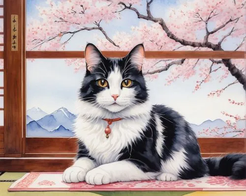 chinese pastoral cat,japanese bobtail,calico cat,oriental painting,domestic long-haired cat,japanese art,norwegian forest cat,plum blossoms,takato cherry blossoms,plum blossom,domestic cat,dongfang meiren,siberian cat,oriental longhair,chinese art,japanese sakura background,cute cat,cat image,cat portrait,domestic short-haired cat,Illustration,Black and White,Black and White 28