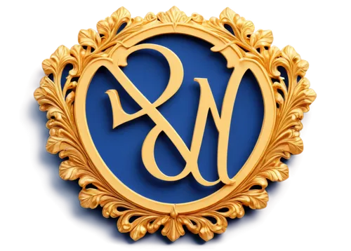 Golden monogram, ornate frame, luxurious texture, intricate details, curved lines, regal crest, royal blue background, soft lighting, close-up shot, high-contrast shading, 3D-like rendering, realistic