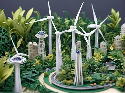 Modern eco-friendly skyscraper, futuristic, curved lines, lush green walls, solar panels, wind turbines, rooftop garden, hanging vines, tropical plants, steel beams, glass façade, reflective windows, 