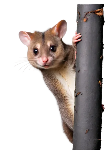 Australian brushtail possum, nocturnal, solo, furry, gray and white fur, pointed snout, big round eyes, fluffy ears, climbing, vertical composition, dark background, soft focus, warm lighting, shallow