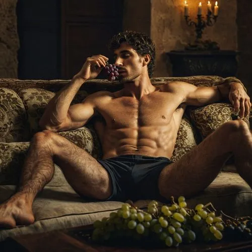 Antique roman man 30 years old, eating grapes when he is lying on a sofa, like César in his palace, shirtless,recumbent,danila bagrov,khavanov,fernano alonso,alejandro vergara blanco,gandy,ebersohn,ma