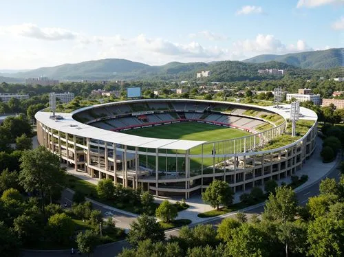 \Vibrant sports stadium, lush green roofs, living walls, natural stone fa\u00e7ades, sleek metal structures, dynamic curved lines, modern architecture, panoramic views, atmospheric lighting, shallow d