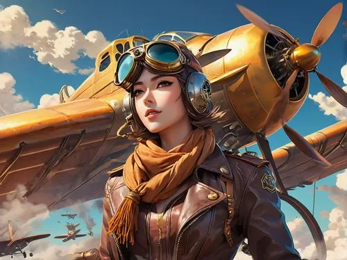 Dieselpunk-inspired biplane, vintage pilot, leather jacket, goggles, scarf flowing in wind, golden aviator sunglasses, weathered face, strong jawline, mechanical arm, brass accents, wooden propeller, 