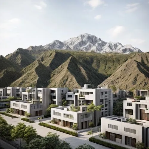 building valley,new housing development,dune ridge,atlas mountains,3d rendering,afghanistan,eco-construction,build by mirza golam pir,bendemeer estates,tajikistan,terraces,mountain valley,green valley