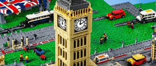 Big Ben, London, iconic clock tower, intricate Lego bricks, 21013 architecture set, daytime, sunny weather, blue sky with few white clouds, detailed stone walls, Gothic style, pointed arches, ornate c