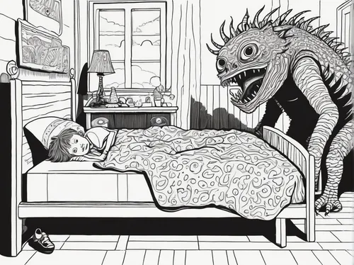 bad dream,child monster,sci fiction illustration,book illustration,coloring page,nightmare,bedding,landmannahellir,coloring pages kids,bedtime,alarm clock,monsters,coloring book for adults,krampus,pet,duvet cover,saurian,coloring pages,iridigorgia,bedroom,Illustration,Black and White,Black and White 21