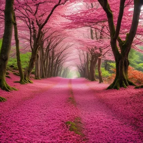 japanese cherry trees,sakura trees,beautiful japan,fairy forest,cherry blossom tree-lined avenue,pink grass,fairytale forest,tree lined path,japanese sakura background,pink petals,blooming trees,nature wallpaper,japan landscape,pink cherry blossom,deep pink,germany forest,japanese cherry blossoms,rose pink colors,cherry blossom japanese,color pink,Photography,General,Realistic