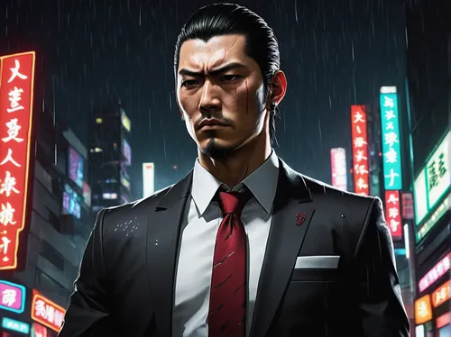 male character, Kashiwagi from Yakuza 7, serious expression, scar across face, slicked-back hair, black suit, white shirt, red tie, dragon tattoo on back, muscular build, standing pose, urban night sc