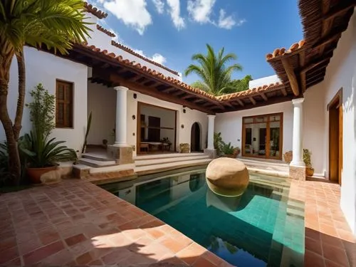 DISEÑO DE UNA CASA ESTILO MEXICANO MODERNO, CON UN CLAUSTRO CONFORMADO POR UNA TERRAZA  A BASE DE VIGAS DE MADERA, TEJA, COLUMNAS REDONDAS, EN EL CENTRO UN ESPEJO DE AGUA, CON EL ESTILO DE LA ARQUITEC