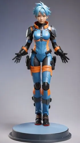 anime,  mohawk, anime, 3d model, 3d figure, kotobukiya, bright colors, big smile, open arms,3d woman concept with blue combat spacesuit and open arms,3d figure,ene,game figure,garrison,gaige,sakka,Uni