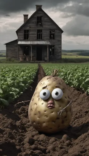 Write a humorous story about a mischievous new potato on a farmhouse.,potato field,rustic potato,country potatoes,potato character,russet burbank potato,new potatoes,potato,potatoe,tuber,rutabaga,pota