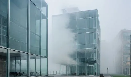 บรรยากาศล้อมรอบ ด้วยหมอก ควัน , อาคารสูง2ชั้น,an outdoor area with a bench, chairs and fog,glass building,glass facade,autostadt wolfsburg,snohetta,skolkovo,emission fog,Photography,General,Realistic