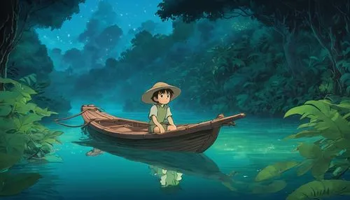 studio ghibli,fishing float,mowgli,canoeing,paper boat,canoe,raft,little boat,adrift,long-tail boat,perched on a log,rowboat,lake tanuki,boat landscape,monkey island,floating on the river,row boat,idyll,float,voyage,Illustration,Realistic Fantasy,Realistic Fantasy 02