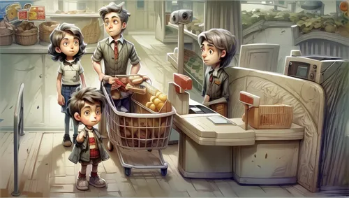 shopping-cart,kitchen shop,euphonium,kitchen,school children,kindergarten,big kitchen,doll kitchen,convenience store,background image,game illustration,shopping basket,grocery,bakery,pharmacy,pantry,sewing factory,studio ghibli,children's background,laundry shop