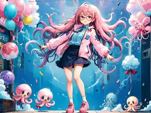 pink octopus,iruma,pink balloons,jellyfish,junko,nanami,Anime,Anime,Realistic