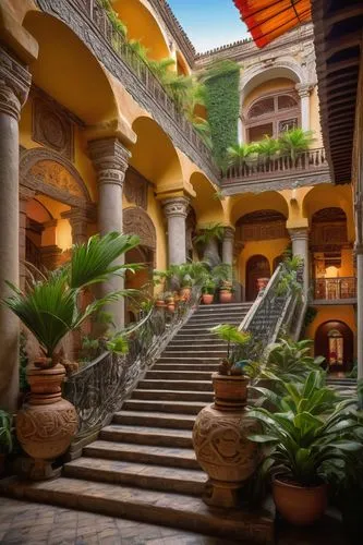 Ancient Aztec-inspired architecture, Mexico City, vibrant colorful buildings, ornate stone carvings, intricate tile work, grand staircase, massive stone columns, arched windows, ornamental ironwork, f