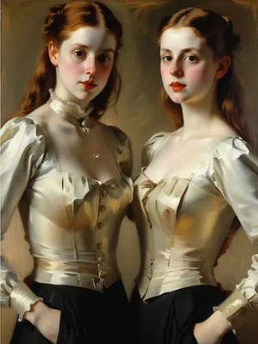 Create a convincing souble portrait in the painting style of John Singer Sargent.,two beautiful young women in formal wear pose for a po,milkmaids,dossi,two girls,maidservants,cuirasses,mirror image