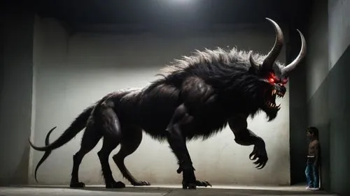 Colossal hairy black vicious slobbering muscular screaming hunched back monster with long horns and glowing bright red eyes with sharp long teeth with long claws and long tail in walking on two legs r