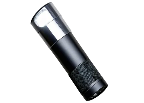 Flashlight, handheld, metal body, cylindrical shape, silver color, black grip, bright LED light, beam shining forward, detailed texture, reflective surface, slight rust, worn-out handle, 45-degree ang