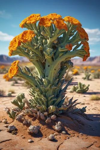 xander root, broc flower, detailed textures, vibrant colors, desert flora, close-up, natural sunlight, arid environment, sandy soil, survival essentials, Fallout game inspiration, post-apocalyptic set