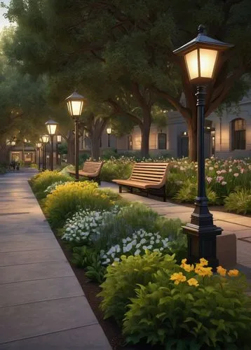 streetlamps,streamwood,street lamps,auraria,urban park,streetlights,townsquare,newcrest,springwood,city park,3d rendered,tree lined path,walkway,street lights,elizabethtown,old linden alley,netherwood,spring garden,paved square,light posts,Illustration,Retro,Retro 09