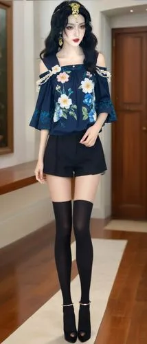 穿高跟鞋，双腿并拢直立，双腿不交叉,a woman wearing black shorts, a top and a flower head piece,thighpaulsandra,shadman,dita,titterrell,lenderman,jiggly