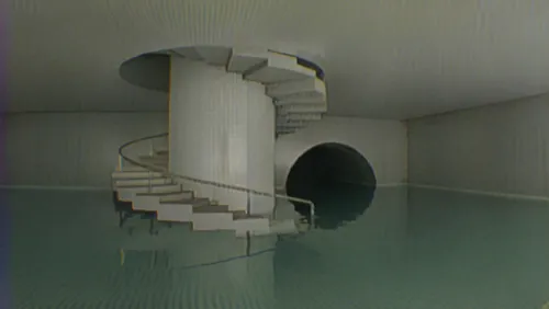 an moving water in pool place with 90s VHS filming,a very large room with some stairs next to it,aqua studio,swim ring,hejduk,acconci,water stairs,circular staircase