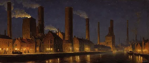 coal-fired power station,industrial landscape,factories,night scene,chimneys,valley mills,industry,factory chimney,power plant,smoke stacks,power station,industrial plant,speicherstadt,dutch mill,heavy water factory,refinery,industries,coal fired power plant,industrial smoke,powerplant,Art,Classical Oil Painting,Classical Oil Painting 06
