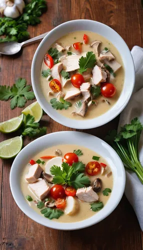 bowl of Tom Kha Soup, Stardew Valley style, coconut milk base, lemongrass, galangal slices, kaffir lime leaves, chicken pieces, mushroom chunks, cherry tomatoes, cilantro garnish, steam rising, rustic