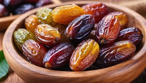 fresh colorful dates fruits in wooden bowl isolated on white background,a bowl of colorful dates and leaves with some other dates in the background,date palm,chestnut fruits,palmoil,kurma,soapberry,ka